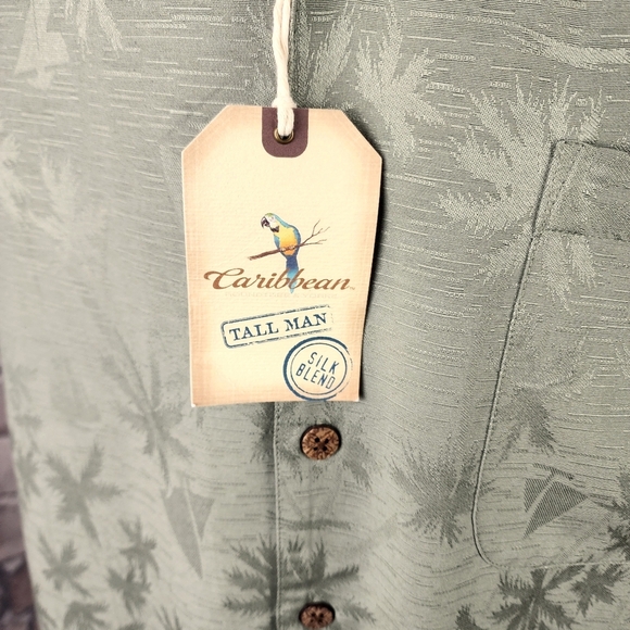 Caribbean Tall Man Silk Blend Palm Damask Print Shirt NWT Sage Green Size 2XT - Picture 2 of 15